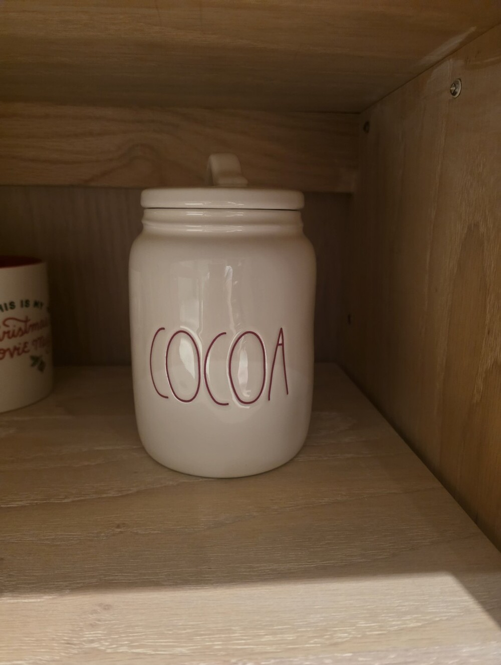 Rae Dunn COCOA Ceramic Canister - White with Red Lettering